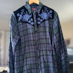 Johnny Was Smocked Cuff Western Shirt embroidered plaid